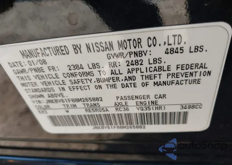 2008 Infiniti G35X from USA, damaged, VIN JNKBV61F88M265882